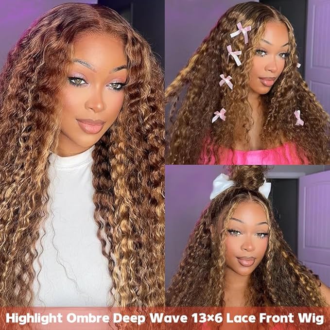 Highlight Ombre 13x6 Lace Front Wig Human Hair Deep Wave Honey Blonde Glueless HD Transparent Lace Frontal Wigs for Women 180 Density Human Hair (highlight ombre deep wave, 24 inch)