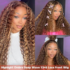 Highlight Ombre 13x6 Lace Front Wig Human Hair Deep Wave Honey Blonde Glueless HD Transparent Lace Frontal Wigs for Women 180 Density Human Hair (highlight ombre deep wave, 32 inch)