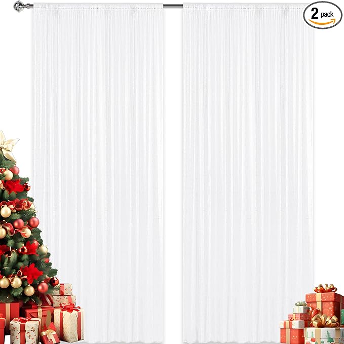 4×8FT-2PCS White Sequin Backdrop Curtains Panels, Photography Backdrop Glitter by Pufogu