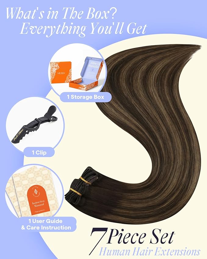Full Shine Real Hair Clip in Extensions 160 G 18 Inch Balayage Dark Brown to Light Brown Clip in Hair Extensions for Thickness 7 Pcs