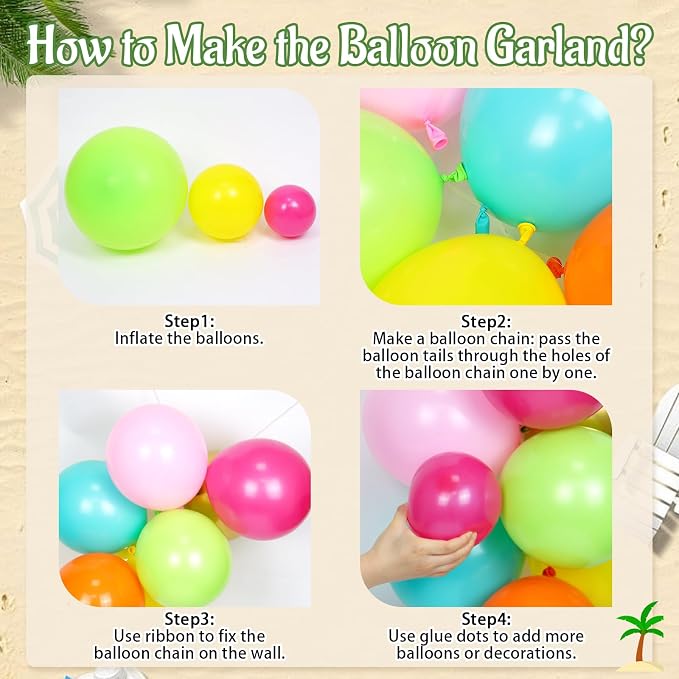 176pcs Tropical Luau Balloon Arch Kit in Pink Green Gold Orange Teal Yellow | - Image 4