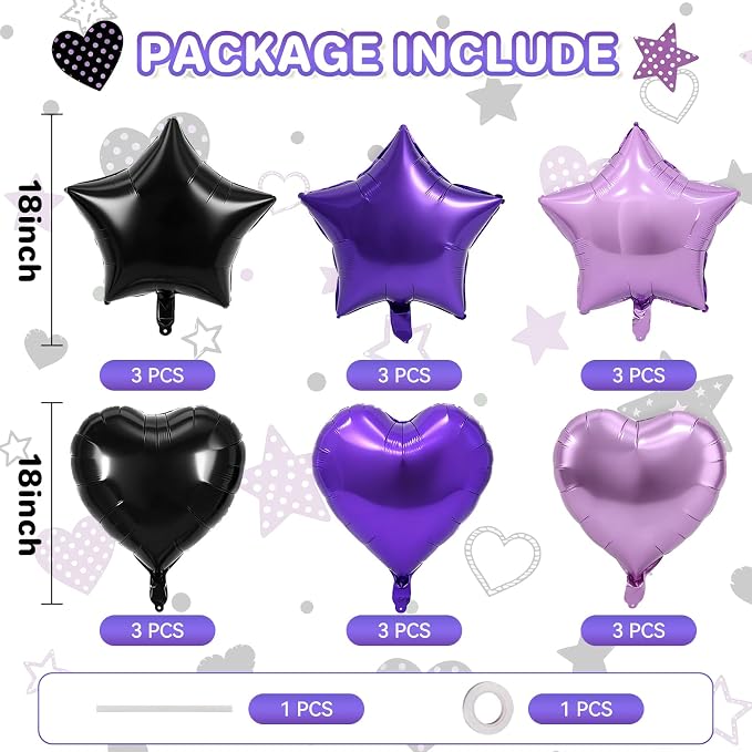 TONIFUL 18 Inch Black Purple Star and Heart Foil Balloons 18PCS Black Purple - Image 2