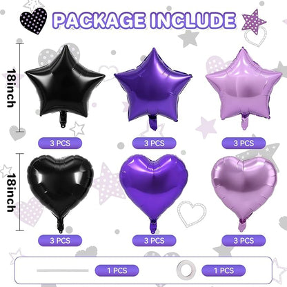 TONIFUL 18 Inch Black Purple Star and Heart Foil Balloons 18PCS Black Purple - Image 2