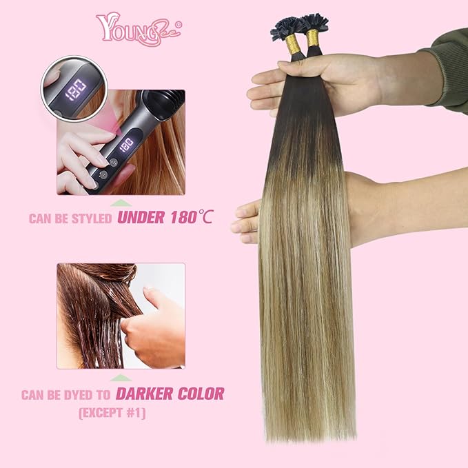 YoungSee K Tip Hair Extensions Human Hair Balayage Ktip Real Hair Extensions Dark Brown Ombre Brown with Blonde Hot Fusion 14In 50s/50g