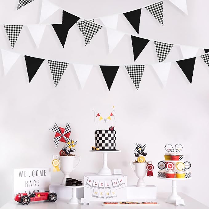 32Ft Black Party Decorations Black Buffalo Plaid Checkered White Triangle Flag - Image 4