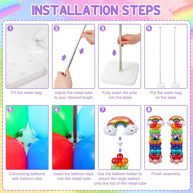 Skylety 2 Sets Rainbow Balloon Column Stand Kit Adjustable Colorful Balloon - Image 3