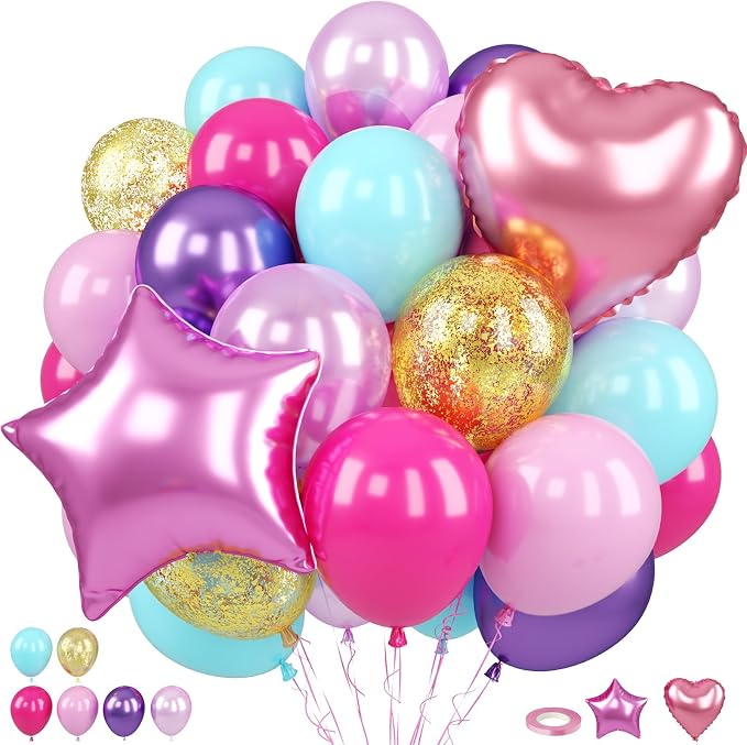 Pink Purple Blue Balloons, 12 Inch Teal Blue Hot Pink Metallic Pearl Purple by FunHot