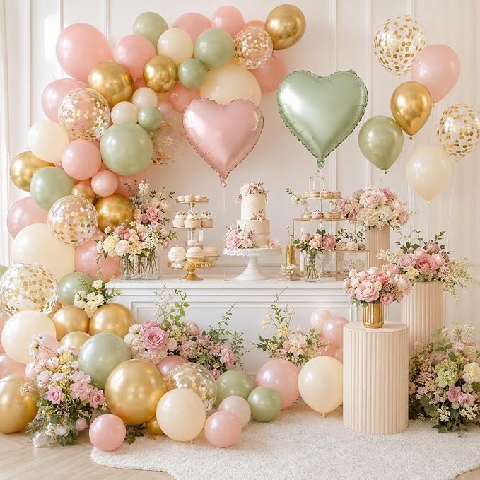 Pink and Green Balloons, 12 Inch Retro Sage Green Pink Nude Metallic Gold - Image 5
