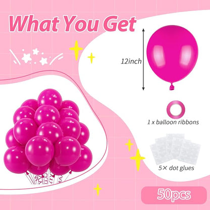 50pcs Hot Pink Balloons, Helium Quality 12inch Bright Pink Latex Balloons | - Image 2