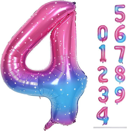 Gradient Rainbow 4 Balloons, 40 Inch Large Blue Pink Purple Foil Number by Lingqiang