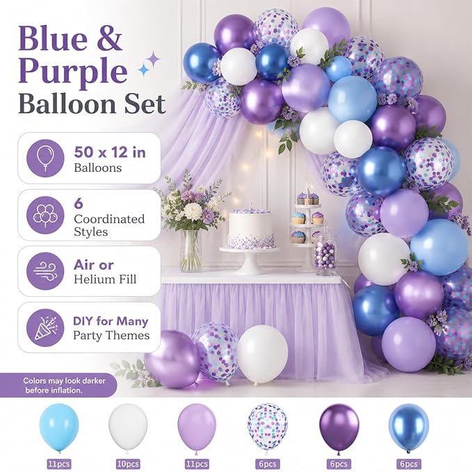 Blue and Purple Balloons Set, Metallic Purple White Latex Ballons Confetti - Image 2