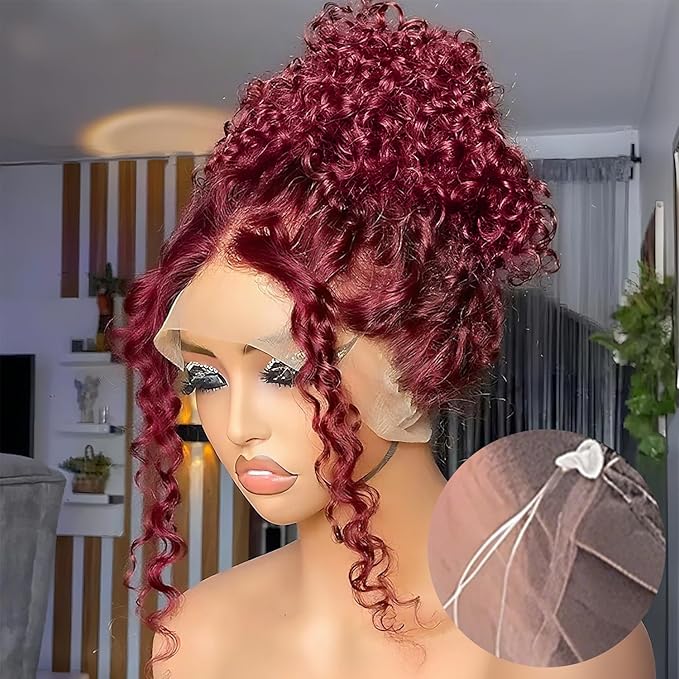 Burgundy Wig Human Hair Hidden Strap 99j Burgundy 360 Full Lace Front Wigs Human Hair Invisible Strap Pre Plucked Bleached Konts Deep Wave Lace Frontal Wig with Drawstring Curly Glueless Wigs(20inch)