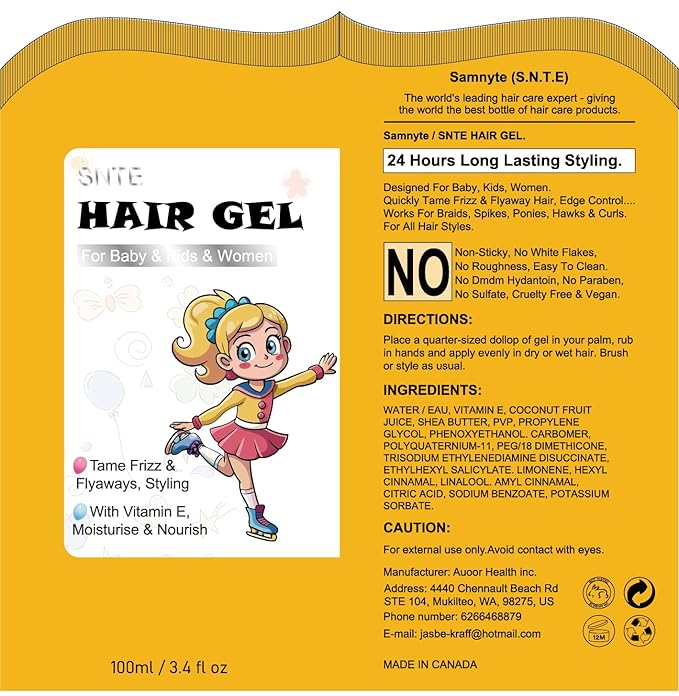 Samnyte Hair Gel for Kids, Baby Hair Gel Fly Away Hair Tamer, Styling Gel - Vitamin E Moisturize and Nourish, Flexible Hold Designed for Boys & Girls 3.4 Fl Oz
