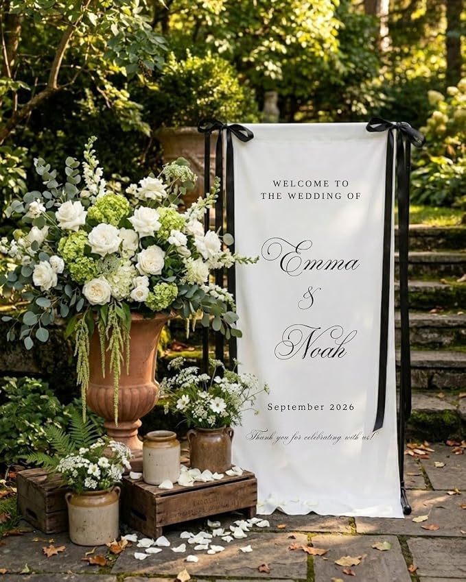 Personalized Wedding Welcome Banner Linen – Custom Names & Date, Elegant Fabric - Image 2