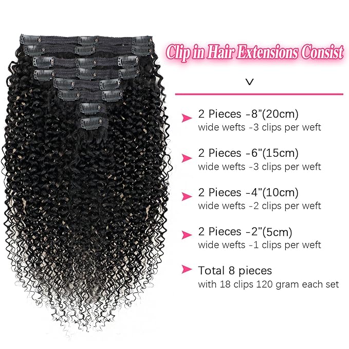 3c 4a Kinky Curly Clip in Hair Extensions Real Human Hair For Women 26 Inch Curly Clip ins Natural Color Clip in Hair Extensions 120g/pack