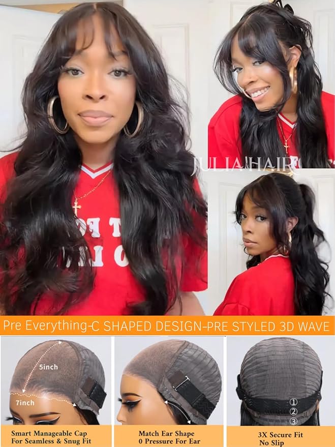 Julia Hair Bye Bye Knots Curtain Bangs Wig Glueless Fluffy Natural Loose Wave Pre Cut 7x5 HD Lace Front Wigs Invisible Pre Plucked Pre Everything Body Wave Put on and Go Wig for Women 16 Inch
