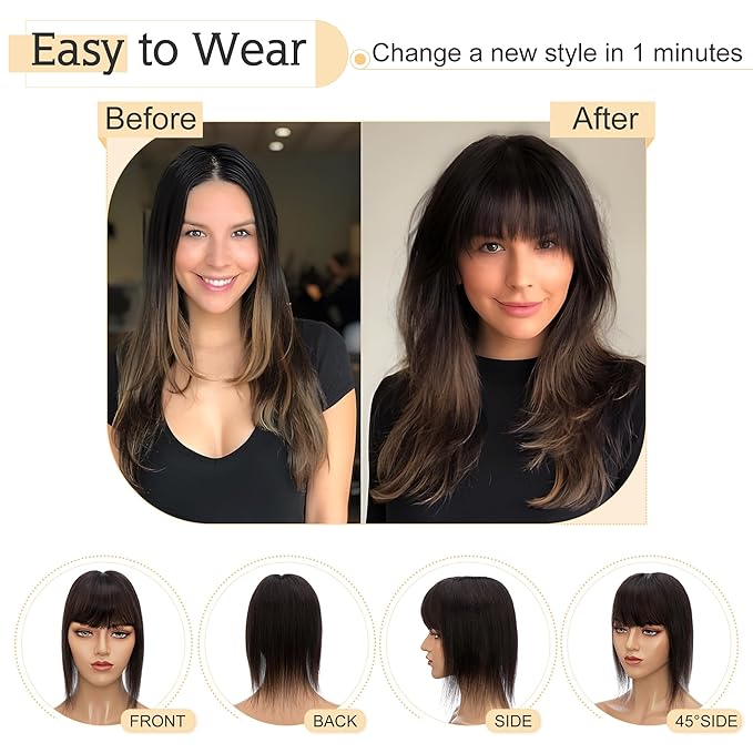 SEGO Hair Toppers for Women Real Human Hair With Bangs, 7 * 13CM Silk Base 100% Remy Human Hair Clip in Top Wiglet Hairpieces Add Volume -18 Inch Natural Black