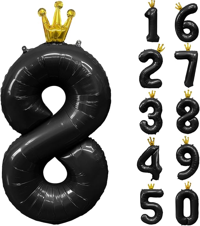 Black Number 8 Balloon with Crown, 40 inch Black Number Balloon 8th Birthday by Yeodong