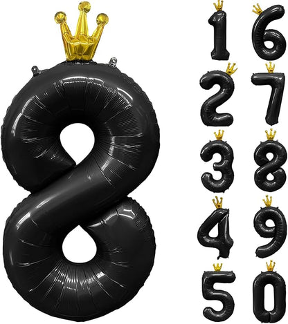 Black Number 8 Balloon with Crown, 40 inch Black Number Balloon 8th Birthday by Yeodong