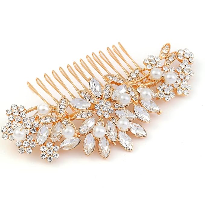 Crystal Wedding Hair Comb Bridal Hair Comb with Pearl Wedding Headpiece for party wear Golden Hair Accessory