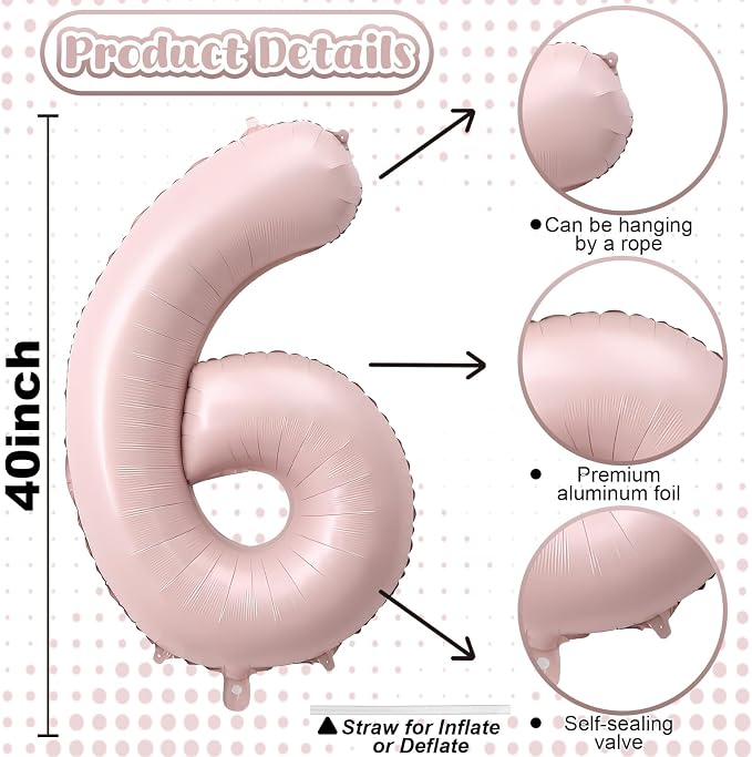 Light Pink Number Balloon 6, 40 Inch Large Self Inflating 6 Foil Number - Image 2
