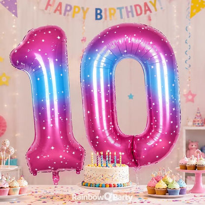 RainbowQ Blue Pink 10 Balloon Number 40 Inch Big 0-10 Foil Large Balloon | - Image 2