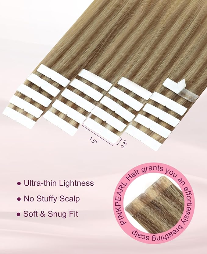 Pinkpearl Invisible Tape in Hair Extensions Human Hair, 20pcs 14inch 40g #10/27/27 Golden Brown to Caramel Blonde Injection Tape in Extensions Real Remy Seamless Human Hair Injected
