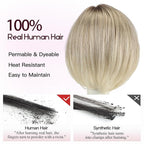 EMMOR Human Hair Toppers for Women Short Bob Real Hair with Bangs 10" Side Part Hairpieces for Women with Thin Hair 6.5" × 6.5" Larger Base Human Wig Toppers(Ombre Gray Blonde)
