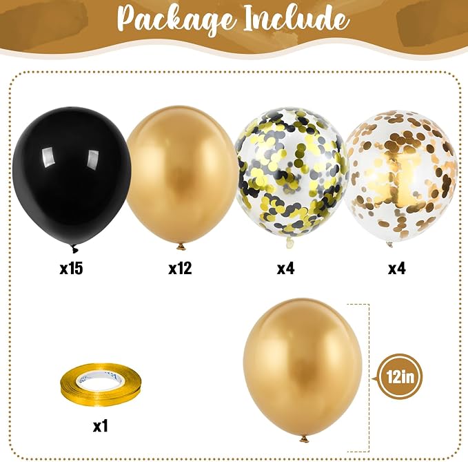 Isndare Black and Gold Confetti Balloons, 12 Inch Black Metallic Gold Latex - Image 2
