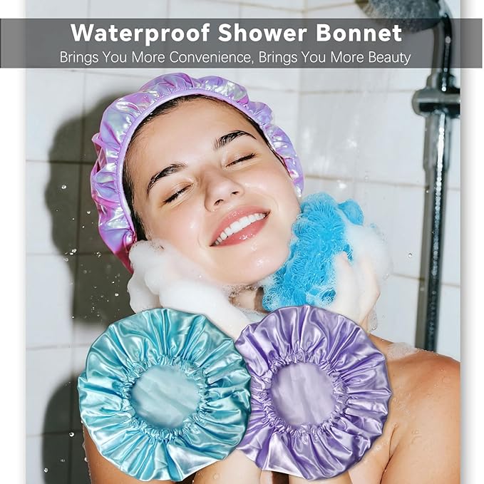 Smilco 2 Pack Shower Caps for Women, Reusable Waterproof Double Layer Bath Cap, Large EVA Elastic Hair Cover for Shower, Fits Long Hair & Braids, for Spa & Home
