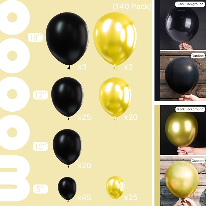 PartyWoo Black Gold Balloon Arch Kit 140pcs Gold Black Balloons | - Image 5