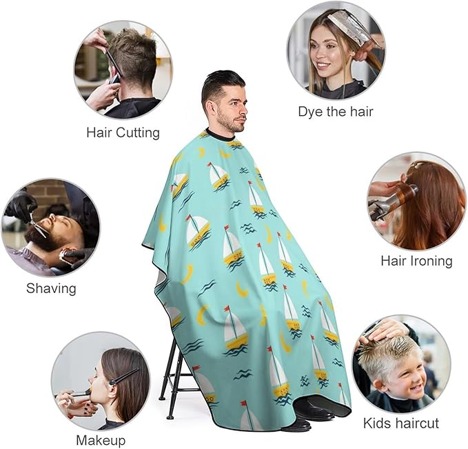 Large Long Salon Barber Cape, Sailboats Blue Haircut Hairdressing Cloth Apron Haircut Barber Gown for Home Stylists