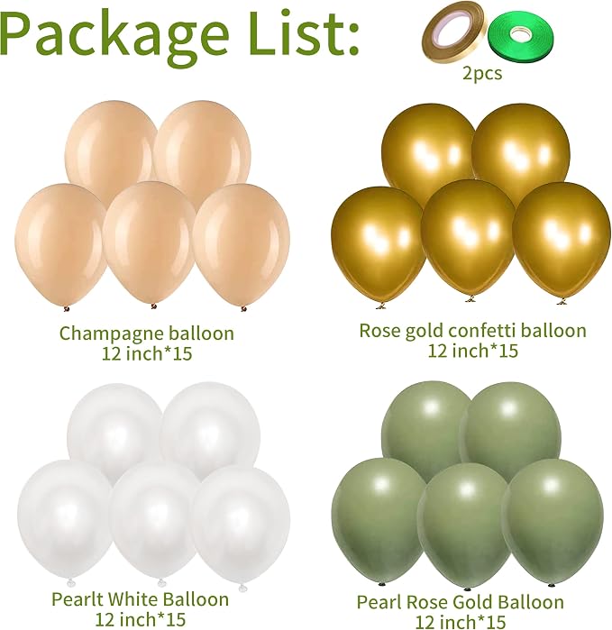 Balloons Green Gold, 60 Packs 12 Inch Retro Sage Green Gold Metallic Balloon - Image 2