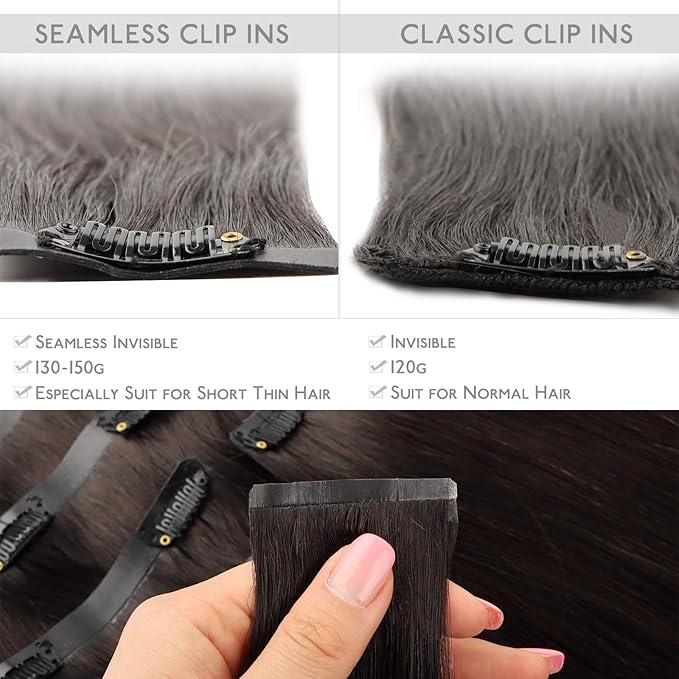 WENNALIFE Seamless Clip In Hair Extensions, 16 Inch 130g 7pcs Dark Brown Hair Extensions Clip in Human Hair Invisible PU Skin Weft Natural Remy Human Hair Extensions