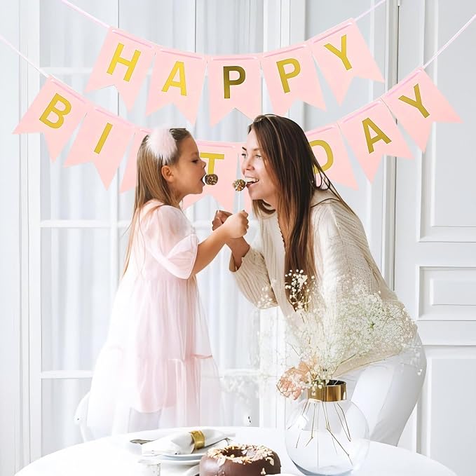 Pink Happy Birthday Banner - 16 ft Pre-Strung Gold & Pink Birthday Party - Image 5