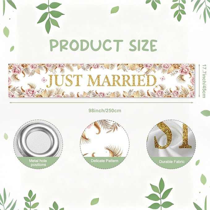 Just Married Wedding Decor Banner Decorations Party Hanging Sign | Reusable - Image 2