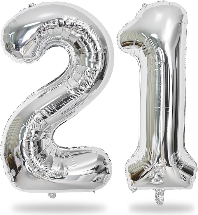 21 Balloons Number, Giant Silver Number 2 & 1 Helium Foil Balloon by Lingqiang