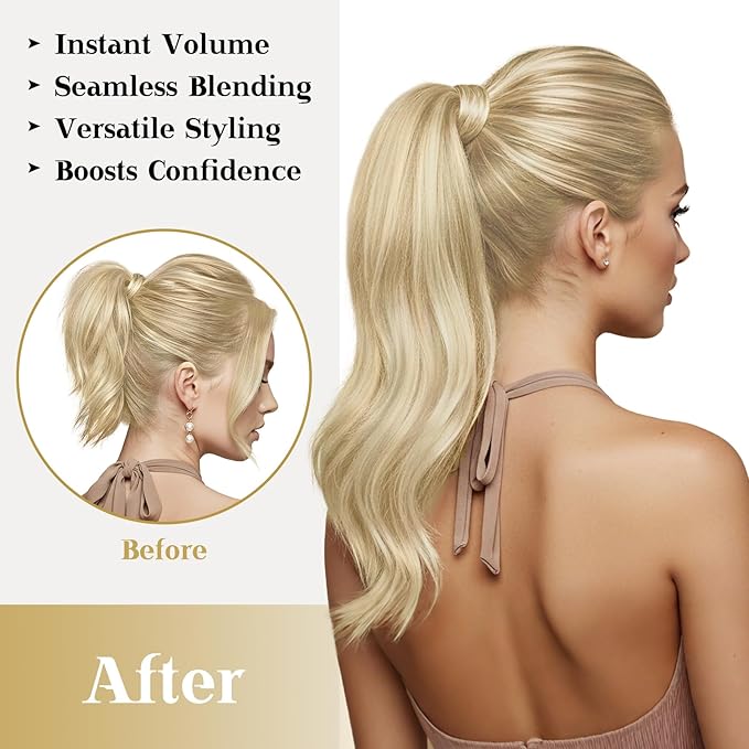 Ve Sunny Hair Extensions Ponytail Real Human Hair Wrap Around Clip in Ponytail Hair Extensions Straight Extensions Human Hair for Women Strawberry Honey Blonde Highlights Bleach Blonde 18inch 80G