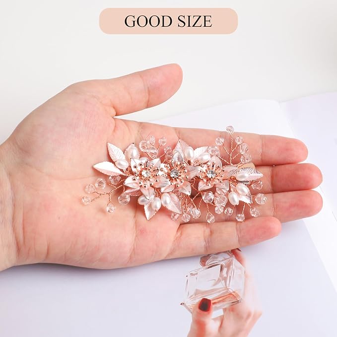Floral Crystal Pearl Alligator Hair Clip and Rhinestone Bobby Pins, Elegant Hair Accessories for Bridal Women in Wedding or Prom, Set of 3 (Rose Gold)