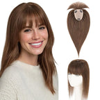 Hairro Human Hair Toppers with Wispy Bangs, 3.5x4.7" Hand-wovened Base for Women with Thinning Hair, Lightweight & Breathable Realistic Scalp, Clip-in Hairpieces for Easy Wear, 16 Inch Dark Brown
