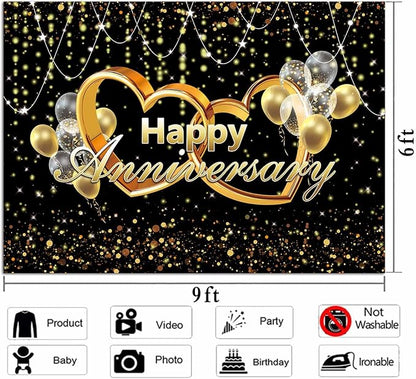 Happy Anniversary Backdrop Black and Gold Balloons Photography Background Poster - Image 4