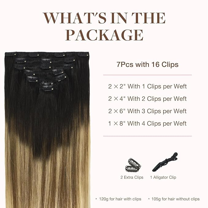 GOO GOO Clip in Hair Extensions Real Human Hair, Remy Human Hair Extensions Clip ins for Women, Natural Human Hair, 18inch 120g 7Pcs, 2/6/18 Balayage Brown to Dirty Blonde