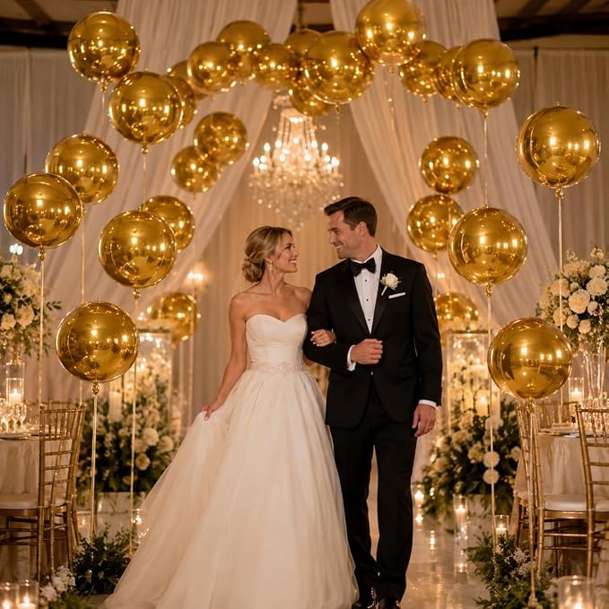 15 Pcs Gold Round Foil Balloons, 22/15/10 Inch 4D Ball Balloons Metallic Gold - Image 7