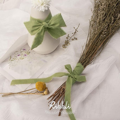 Ribbli 3 Rolls Sage Green Ribbon 5/8 Inch x 18Yards Handmade Cotton Frayed - Image 5