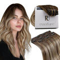RUNATURE Balayage Clip in Hair Extensions, Real Human Hair Extensions Clip Ins, Double Weft Human Hair Clip in Extensions, Remy Natural Hair, 14 Inch 50g 3pcs #3/8/22 Walnut Brown to Blonde Balayage