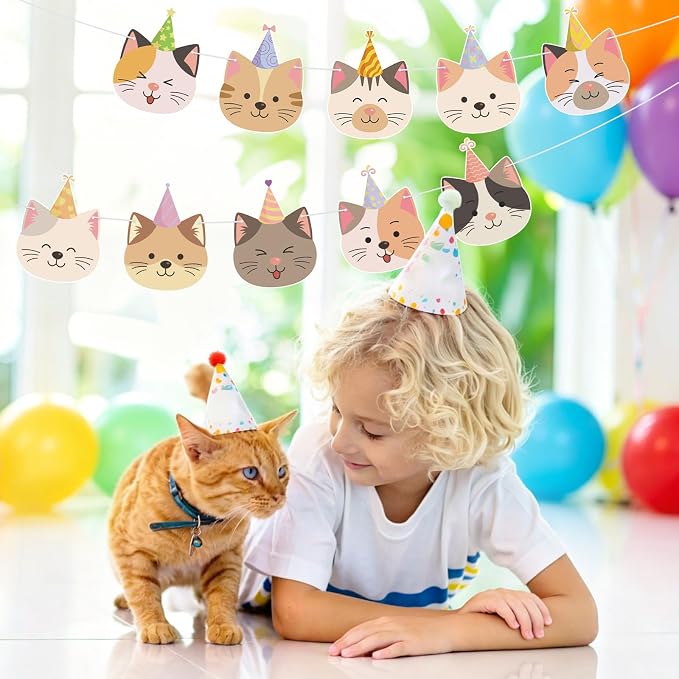 Hooqict Happy Birthday Banner Cat Birthday Decorations Party Banner Garland Sign - Image 4