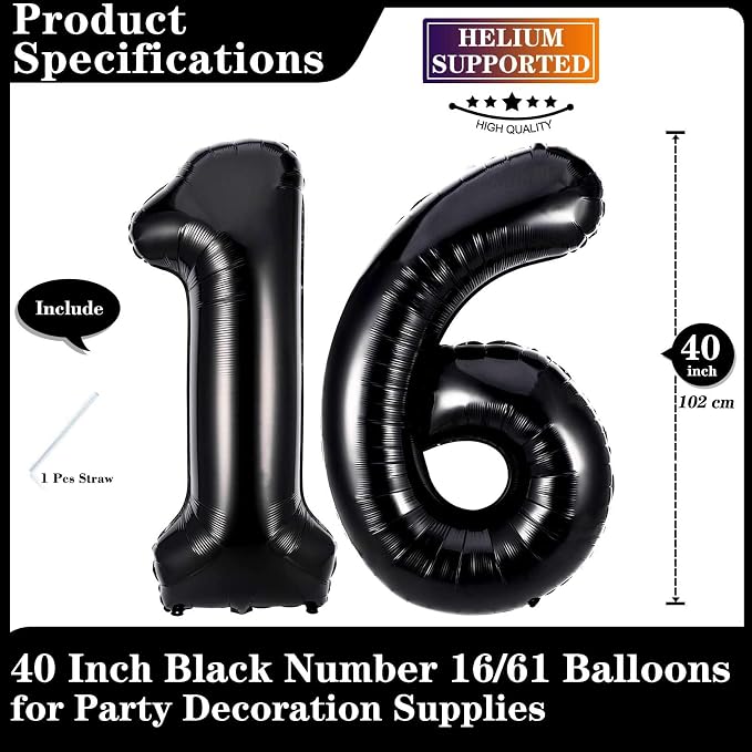 Black 16 Number Balloons, 40 Inch Giant Number 16 Balloons Foil Mylar Helium - Image 2