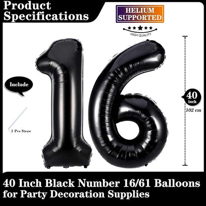 Black 16 Number Balloons, 40 Inch Giant Number 16 Balloons Foil Mylar Helium - Image 2