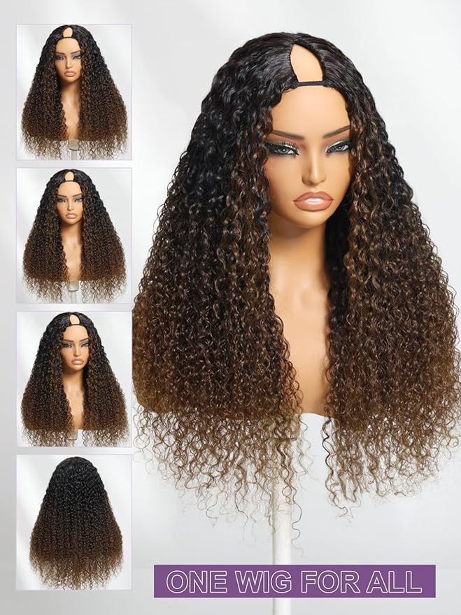 YIROO EasiContour V Part Ombre Brown Human Hair Wig Curly 12A Glueless Upgrade U Part Wig Ombre Black to Chestnut Brown No Leave Out V Shape Clip Wigs Ready to Go 150% Density Beginner Friendly 26Inch