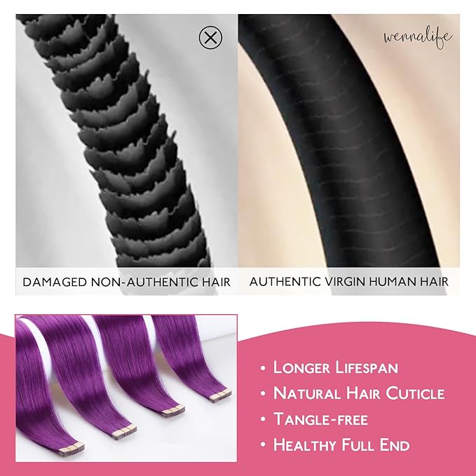 WENNALIFE Tape in Hair Extensions Human Hair Purple Tape in Extensions, 10pcs 30g 22 inch Remy Invisible Tape Ins Straight Colored Soft Real Human Hair Tape in Extensions Refill Set Extensions